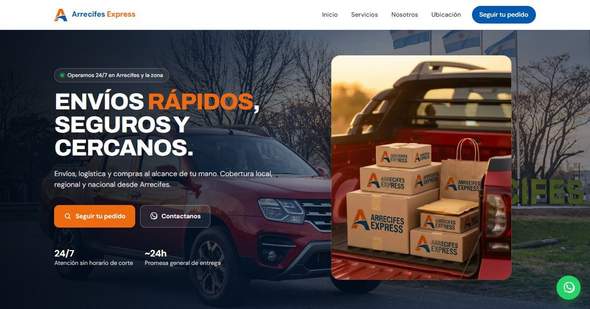Arrecifes Express home page: hero with delivery vehicle and shipment tracking call to action