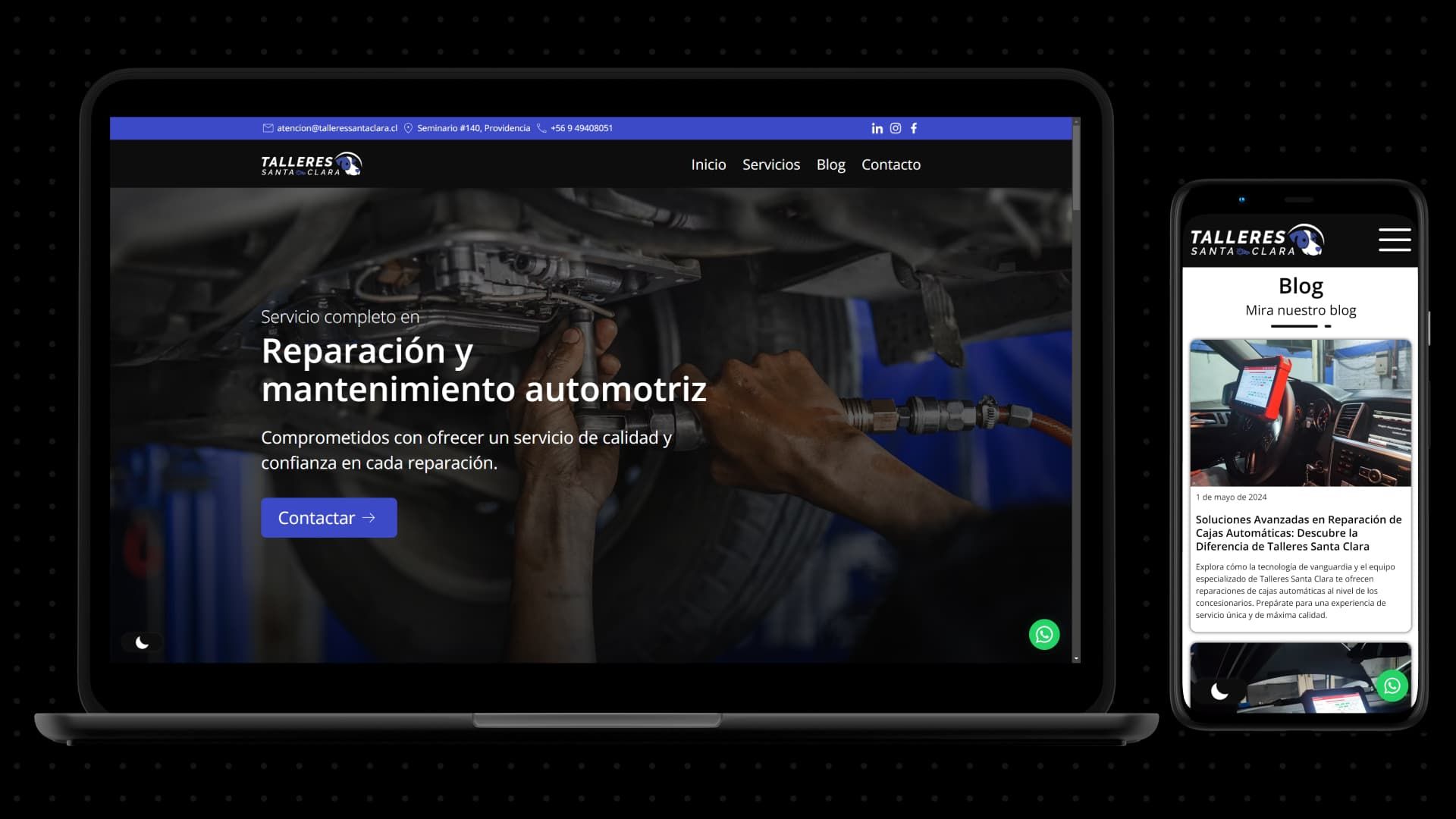 Talleres Santa Clara website on a laptop and phone: automotive repair hero and blog